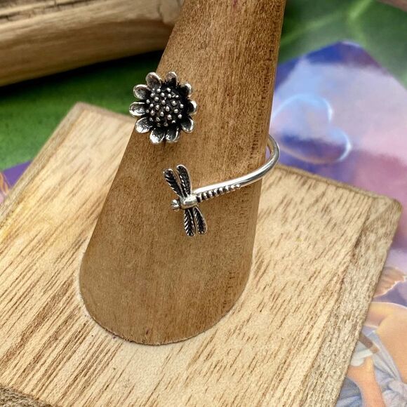 Dragonfly & Sunflower Adjustable Sterling Ring 5,9 - Picture 4 of 5
